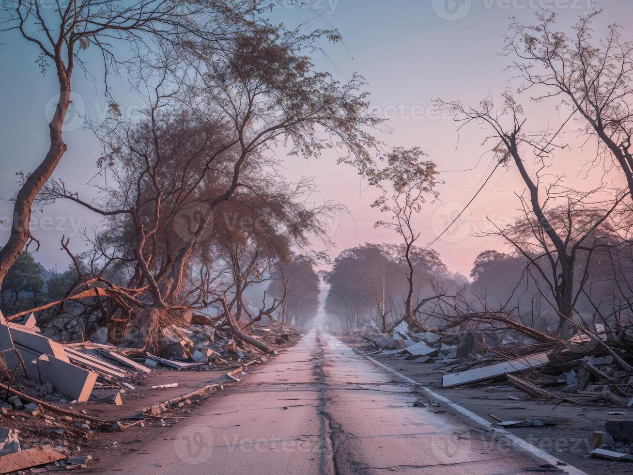 Desolate Road with Earthquake Damage and Twilight Glow Surrounded by Trees and Debris photo