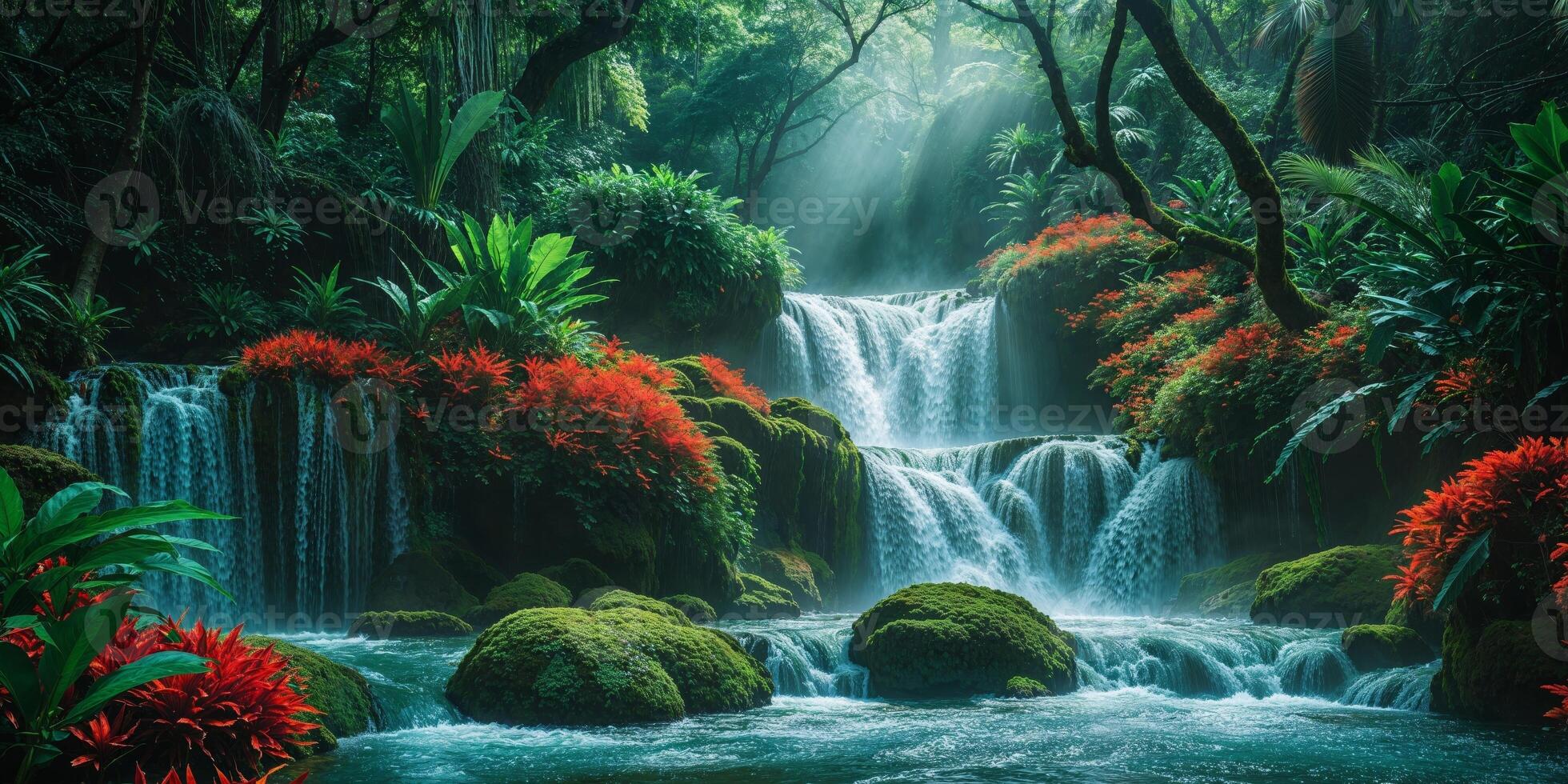 Serene Jungle Waterfall Oasis Hidden in Lush Tropical Vegetation Surrounded by Greenery photo