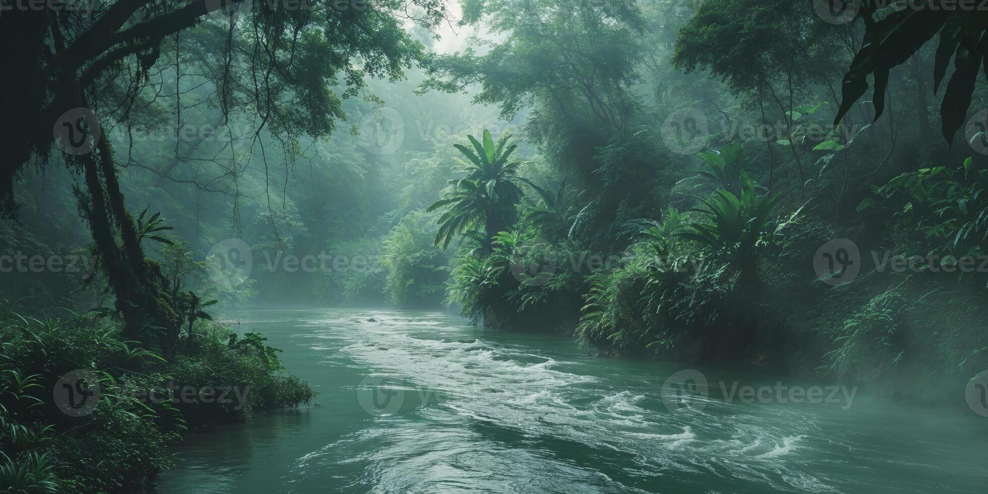 Mystical River Flowing Through Lush Green Jungle photo