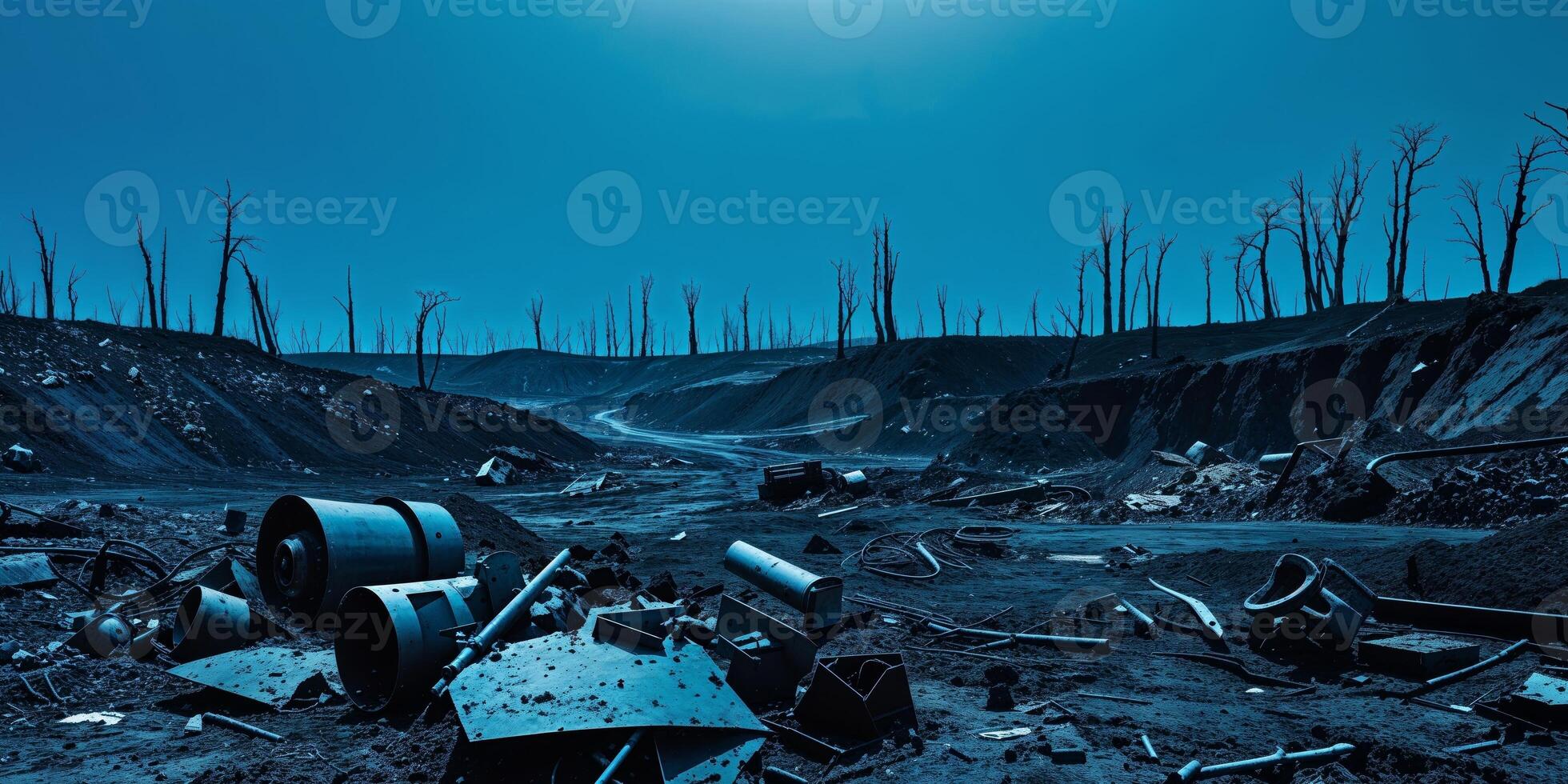 Polluted landscape near mining operation with debris and dark soil. photo