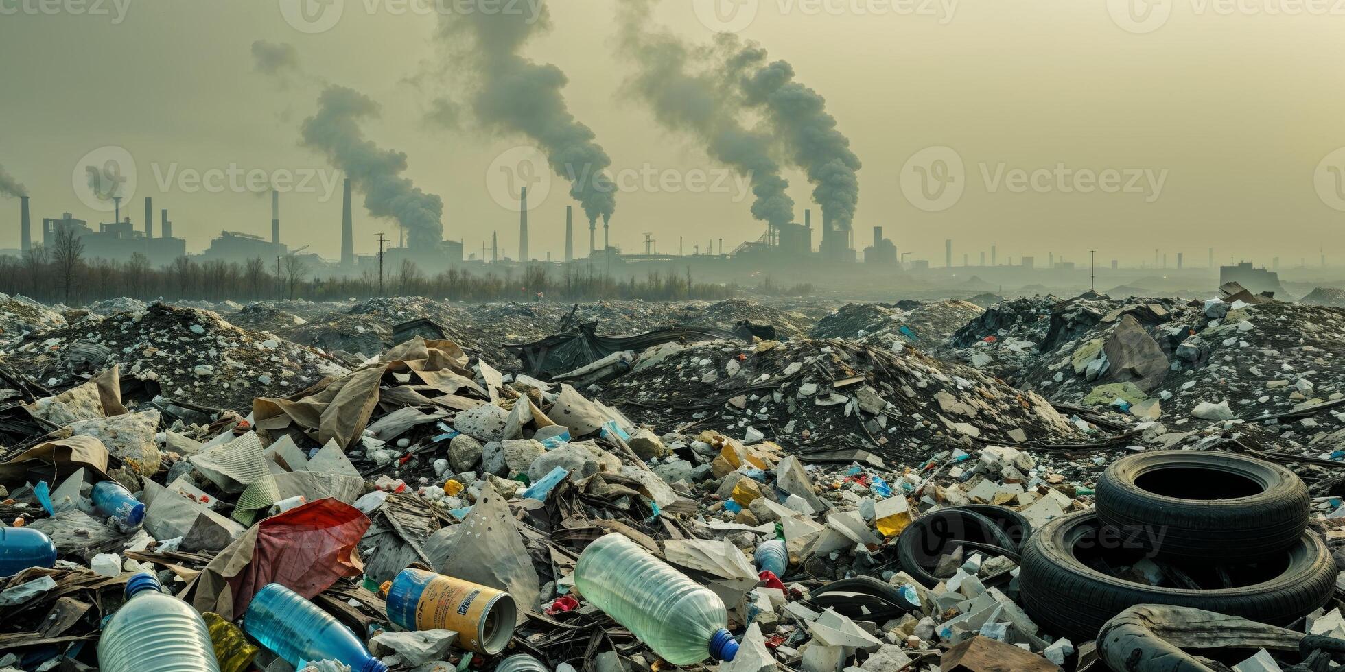 Pile of mixed waste and plastic pollution at landfill photo