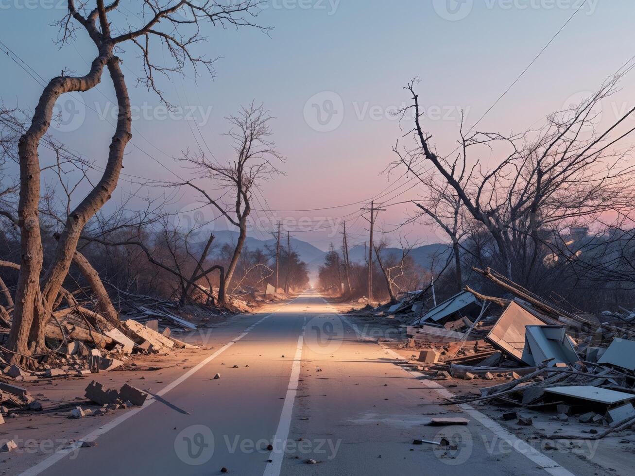 Desolate Road with Earthquake Damage and Twilight Glow Surrounded by Trees and Debris. photo