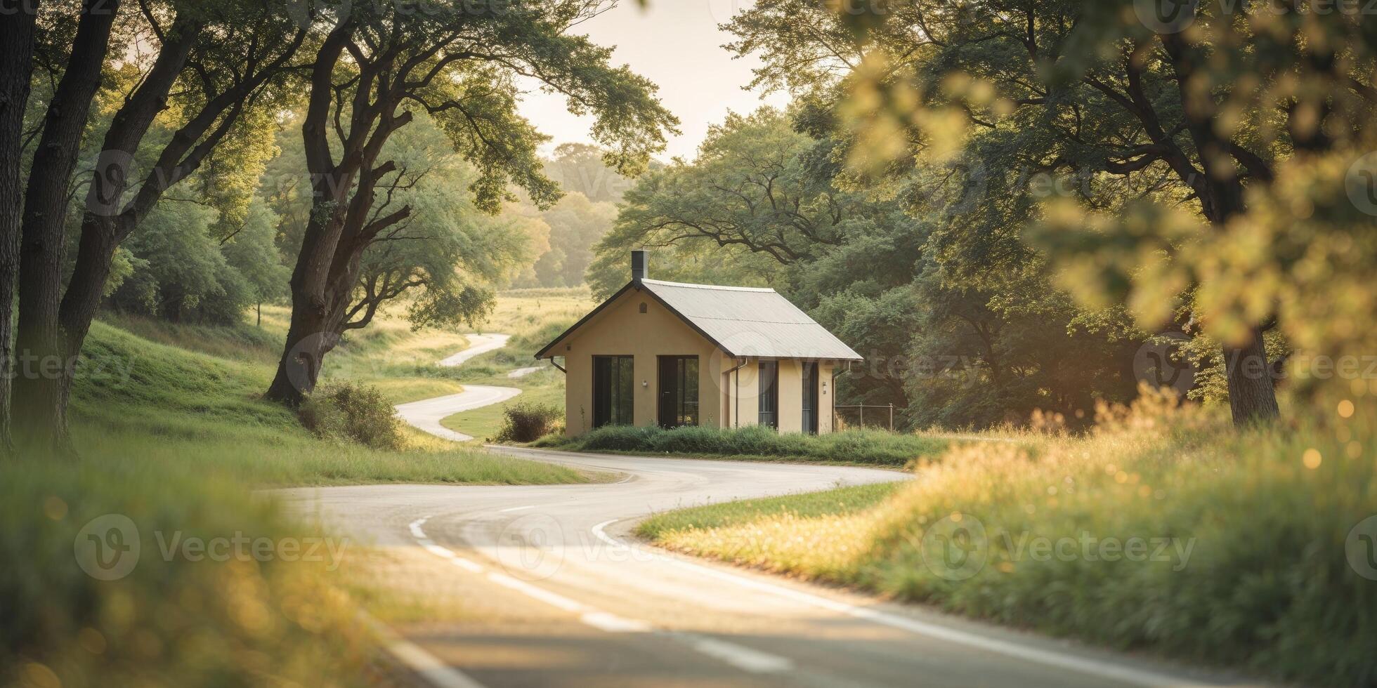 Scenic Miniature Rural Home Surrounded by Nature and Curving Road. photo