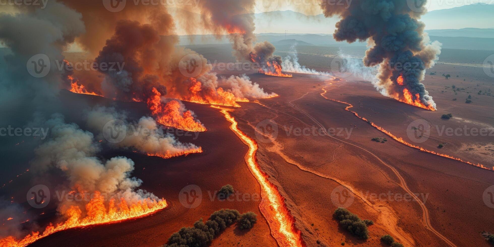 Powerful drone view of spreading wildfire photo