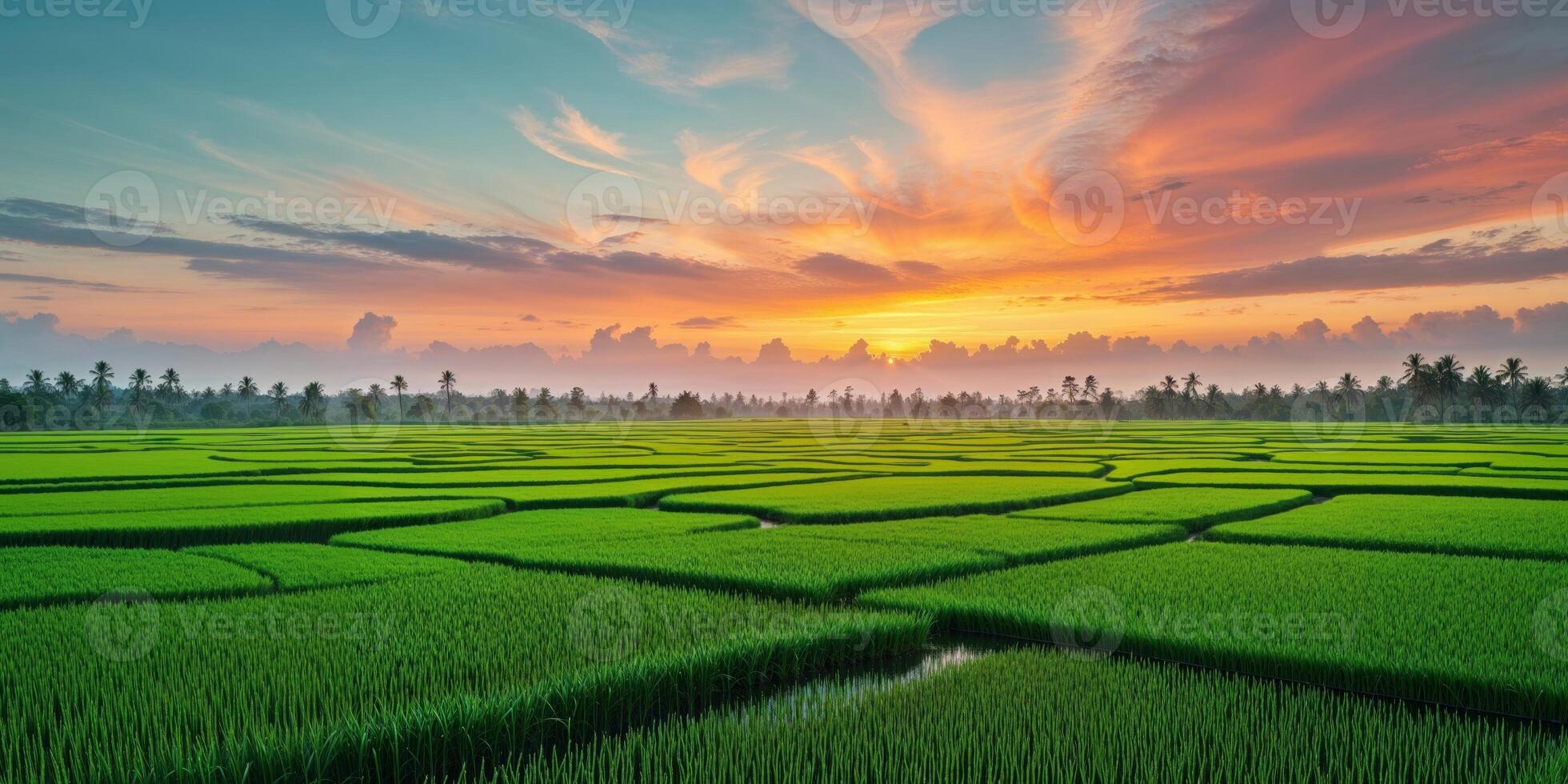 Golden Hour Over Lush Rice Fields with Sunset in the Background. photo