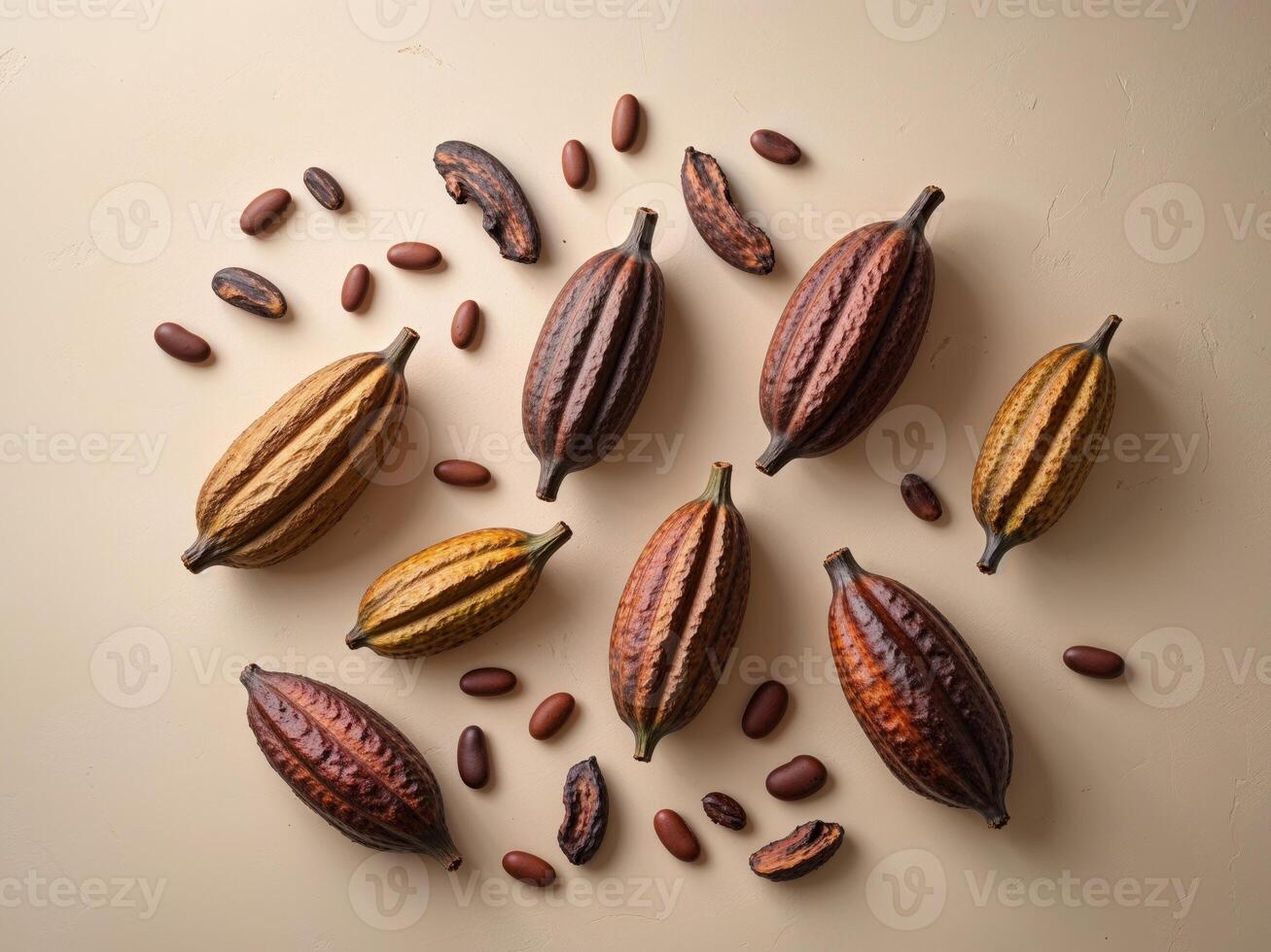 Cocoa pods and beans arranged on a beige background promoting chocolate production. photo