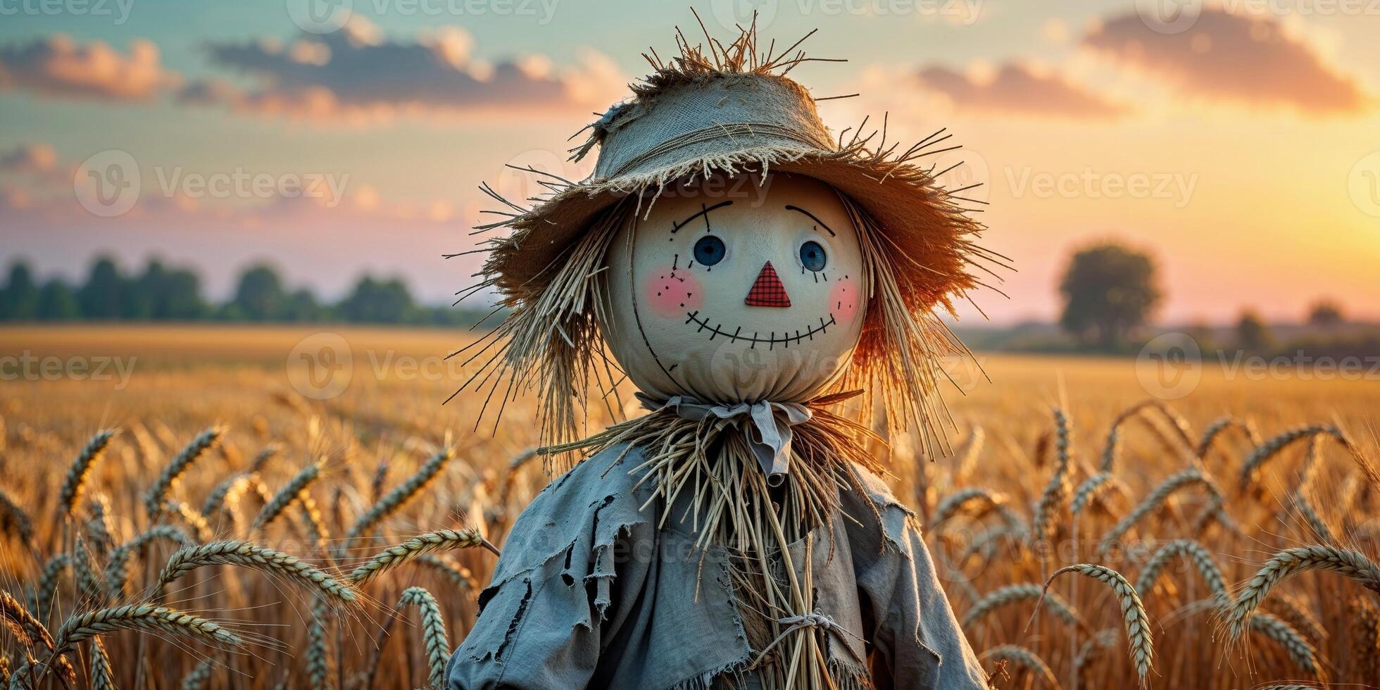A scarecrow stands in a field of wheat photo