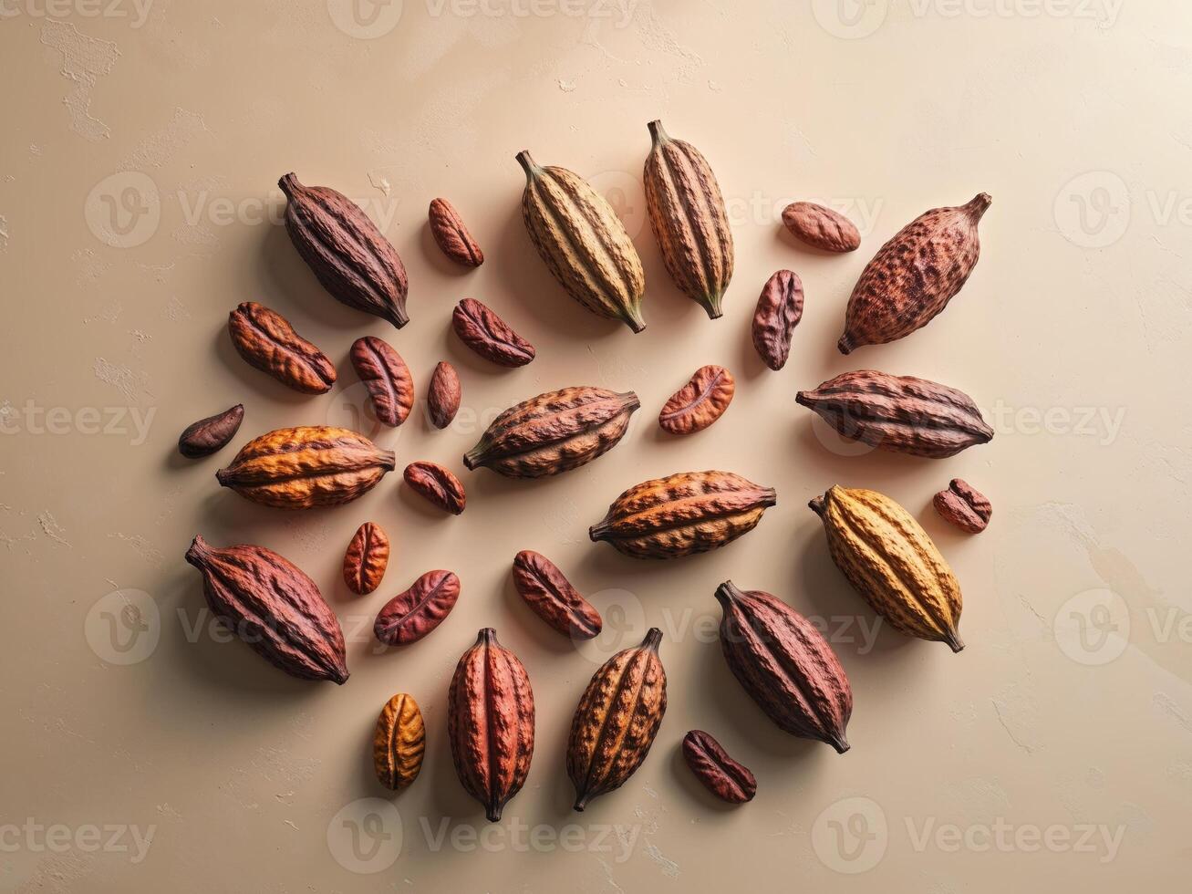Cocoa beans on a beige background photo