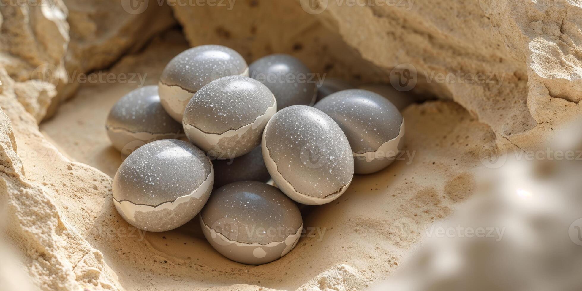 A group of eggs in a nest on a rock photo