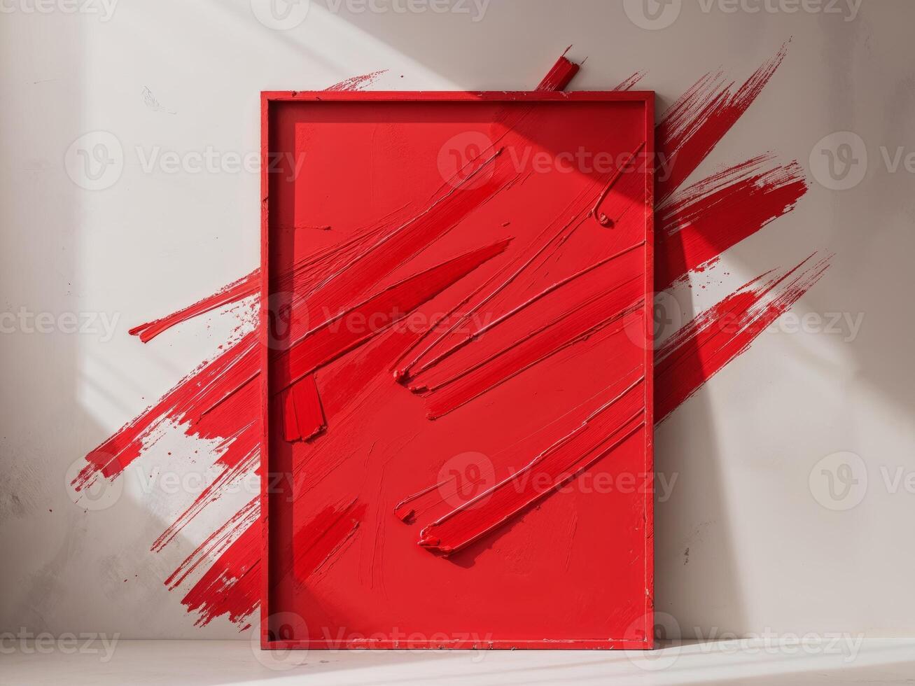 A red door with paint on it in a room photo