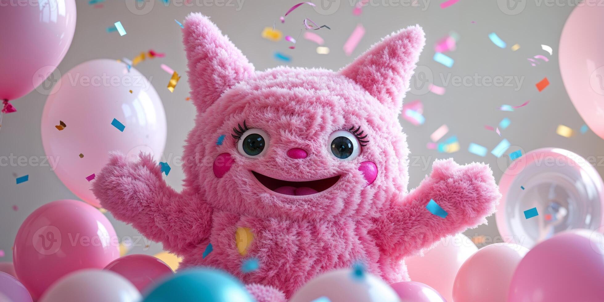 A pink stuffed animal surrounded by balloons and confetti photo