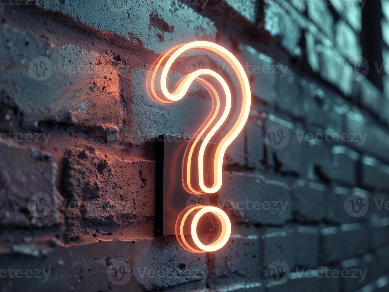 Neon question mark on brick wall photo