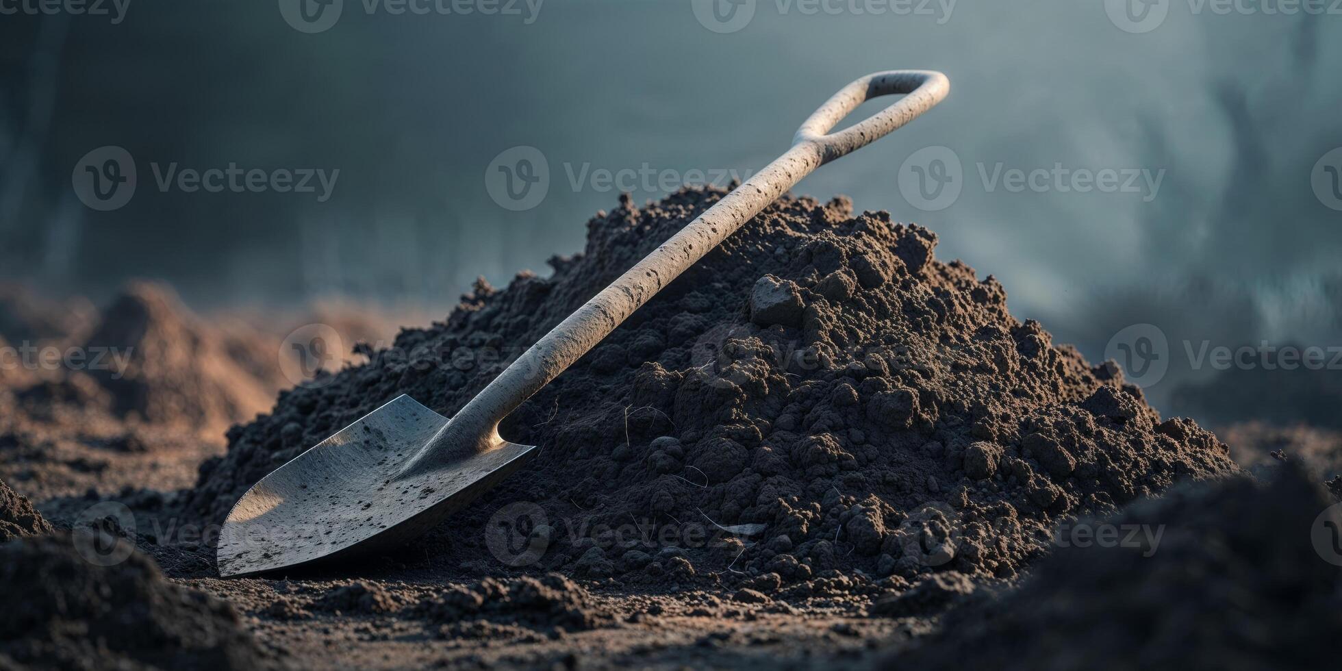 Freshly dug soil with shovel in moody light photo