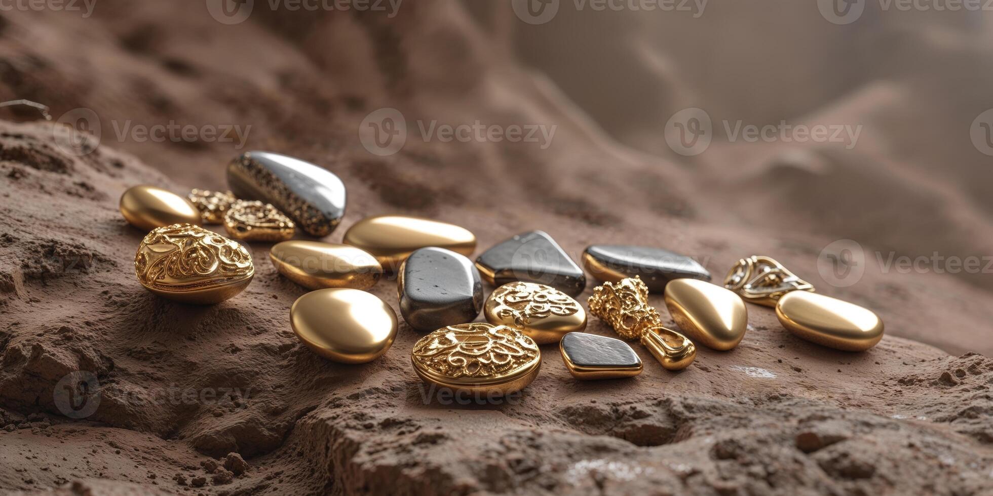 Gold plated stone arrangement on a rough brown background photo