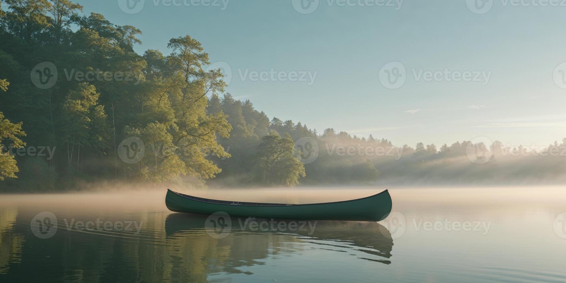 Canoe on Misty Water with Sunlight Shining Through Trees. photo