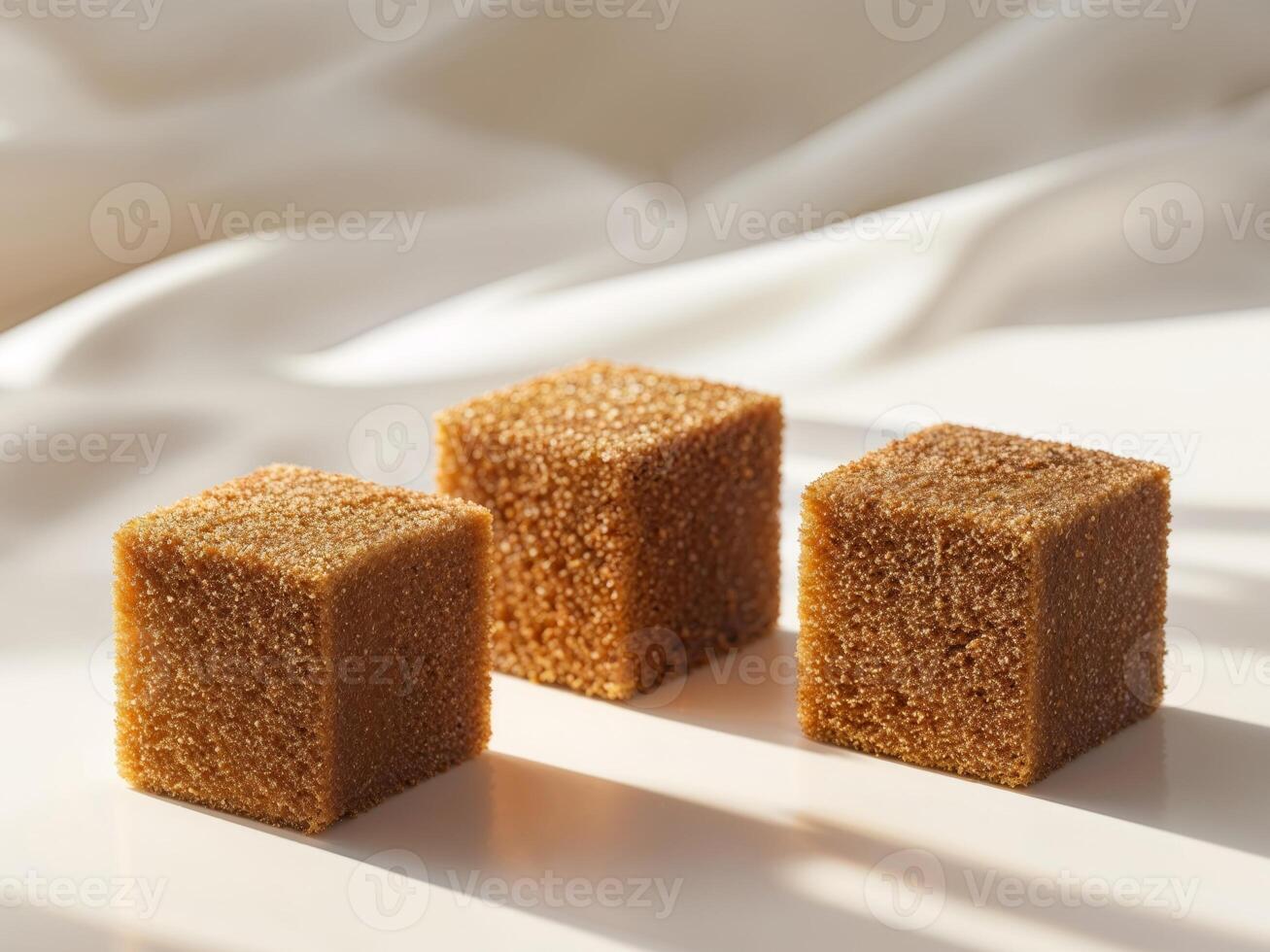 Three brown sugar cubes with a coarse texture and warm golden color photo
