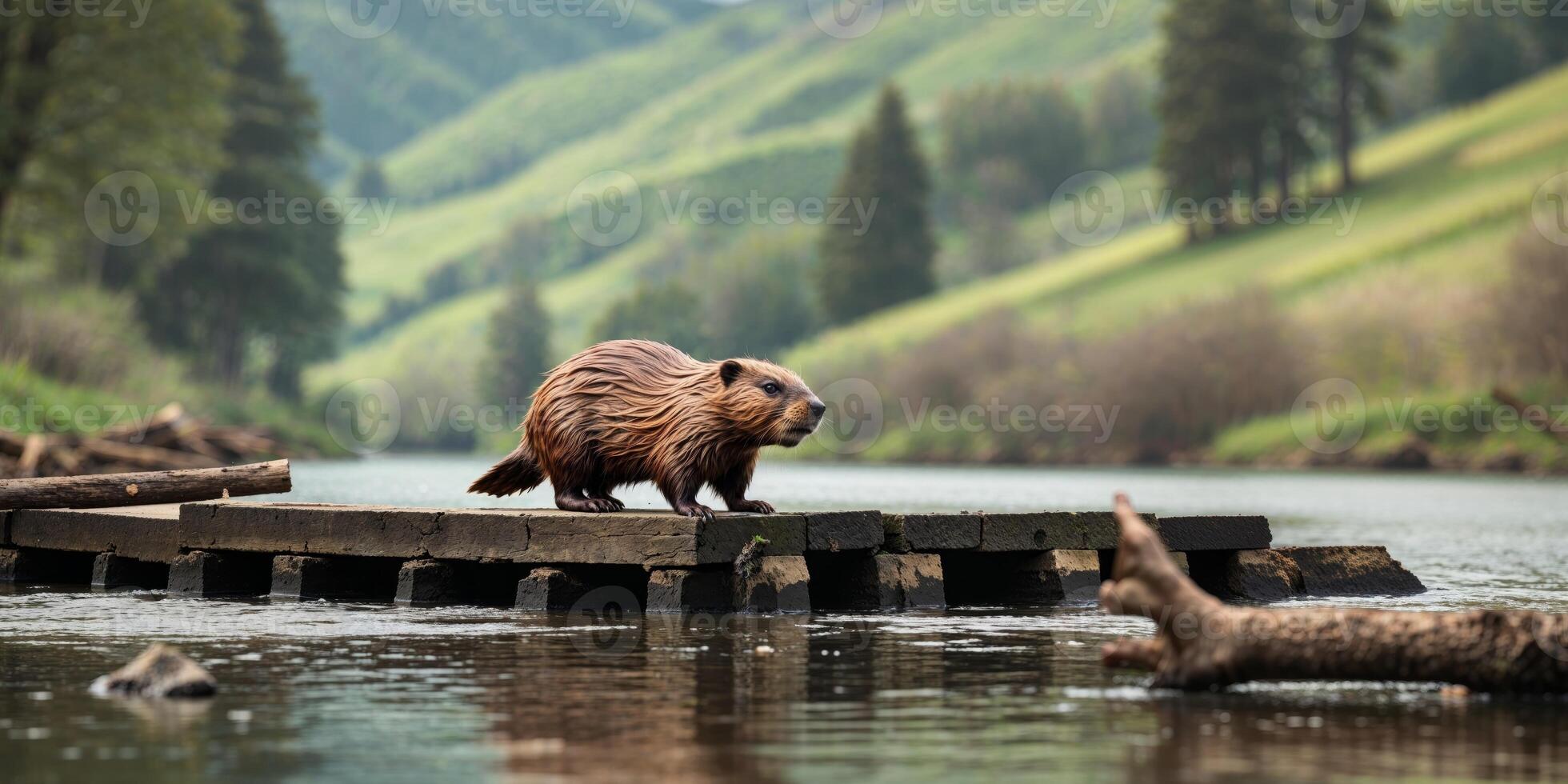 A Beaver Waddling Across a Dam on a Serene Riverbank with Rolling Hills photo