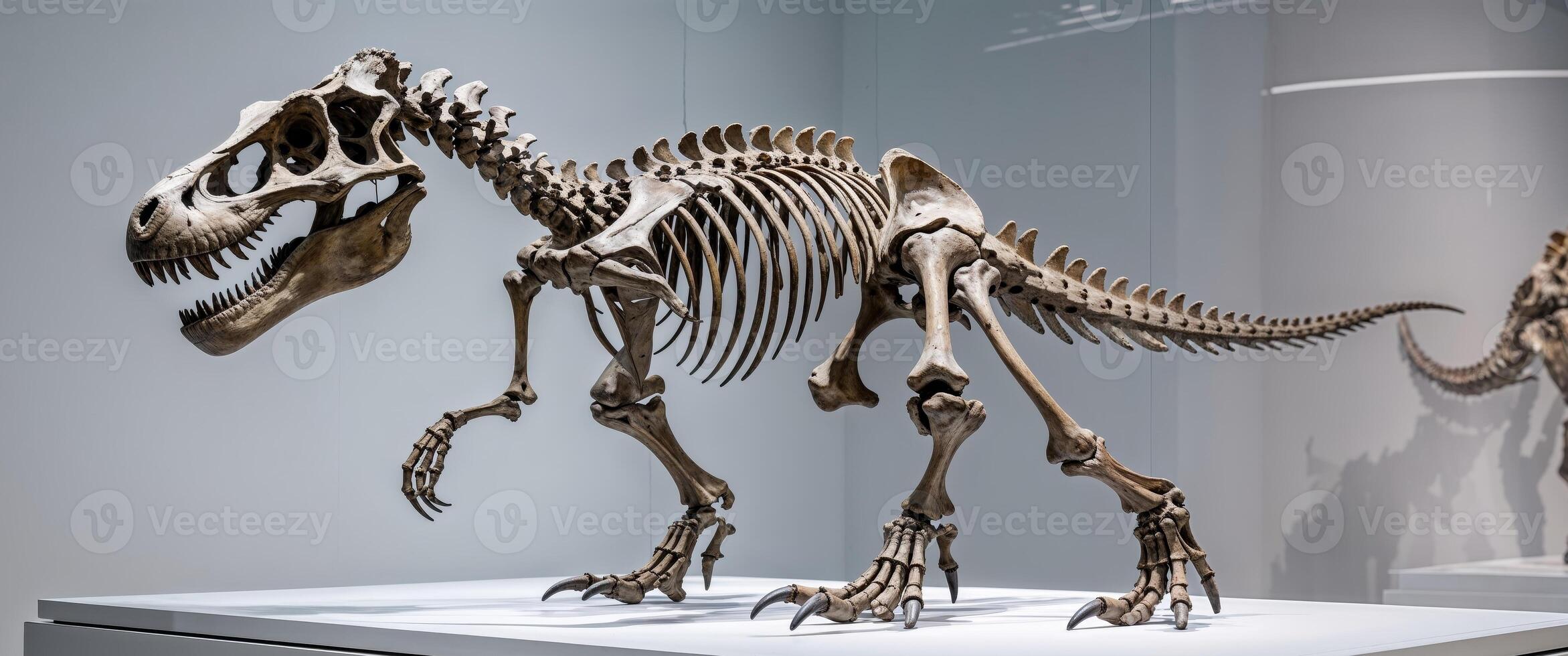 Skeleton of a prehistoric predator displayed in a museum exhibit. photo