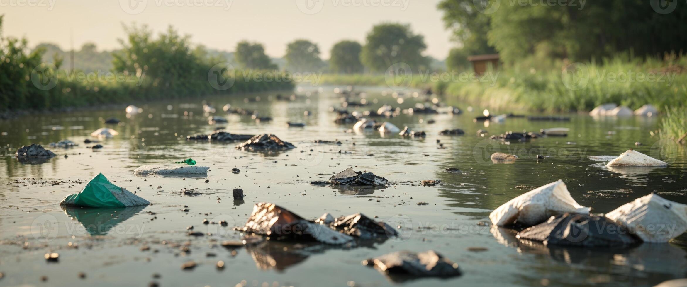 Floating Waste in Rural Waterway at Midday Sun photo