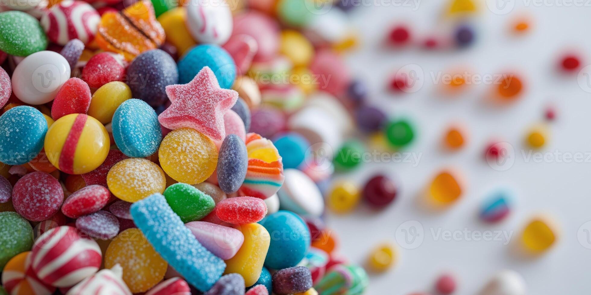 A pile of colorful candies on a white surface photo
