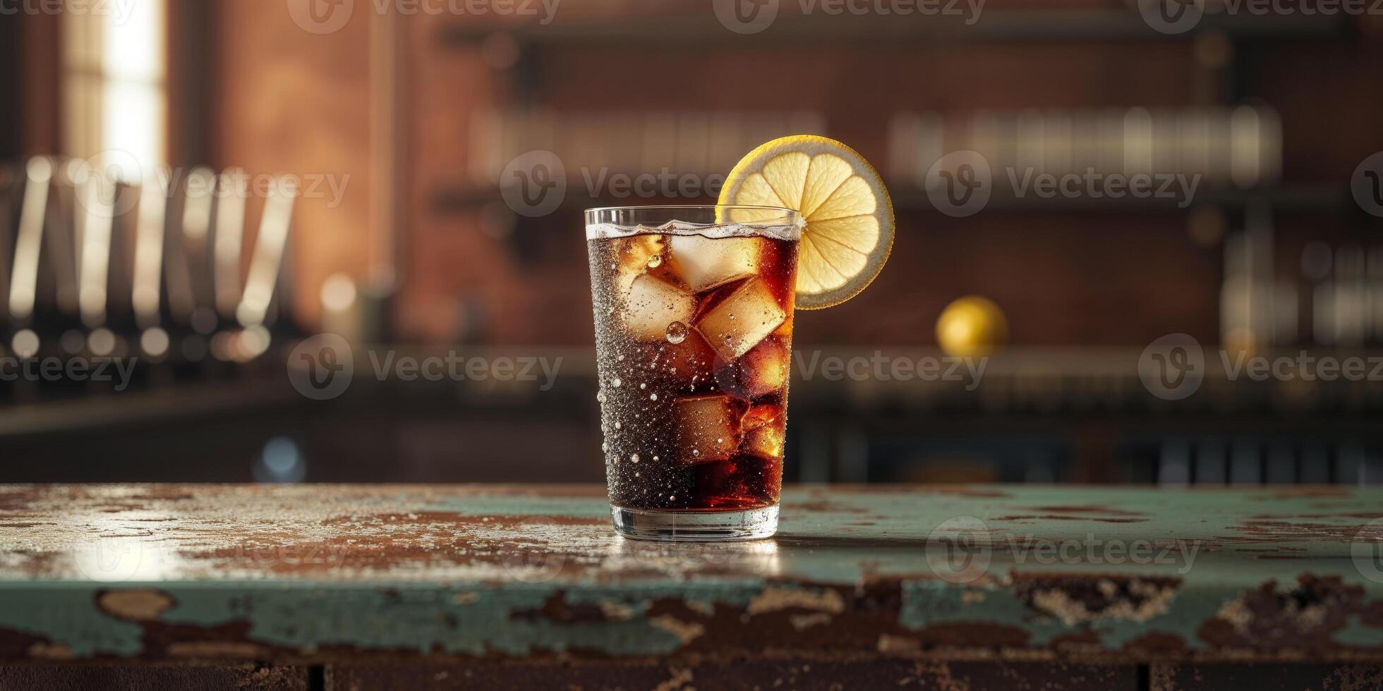 A glass of cola with ice and lemon on a wooden table photo