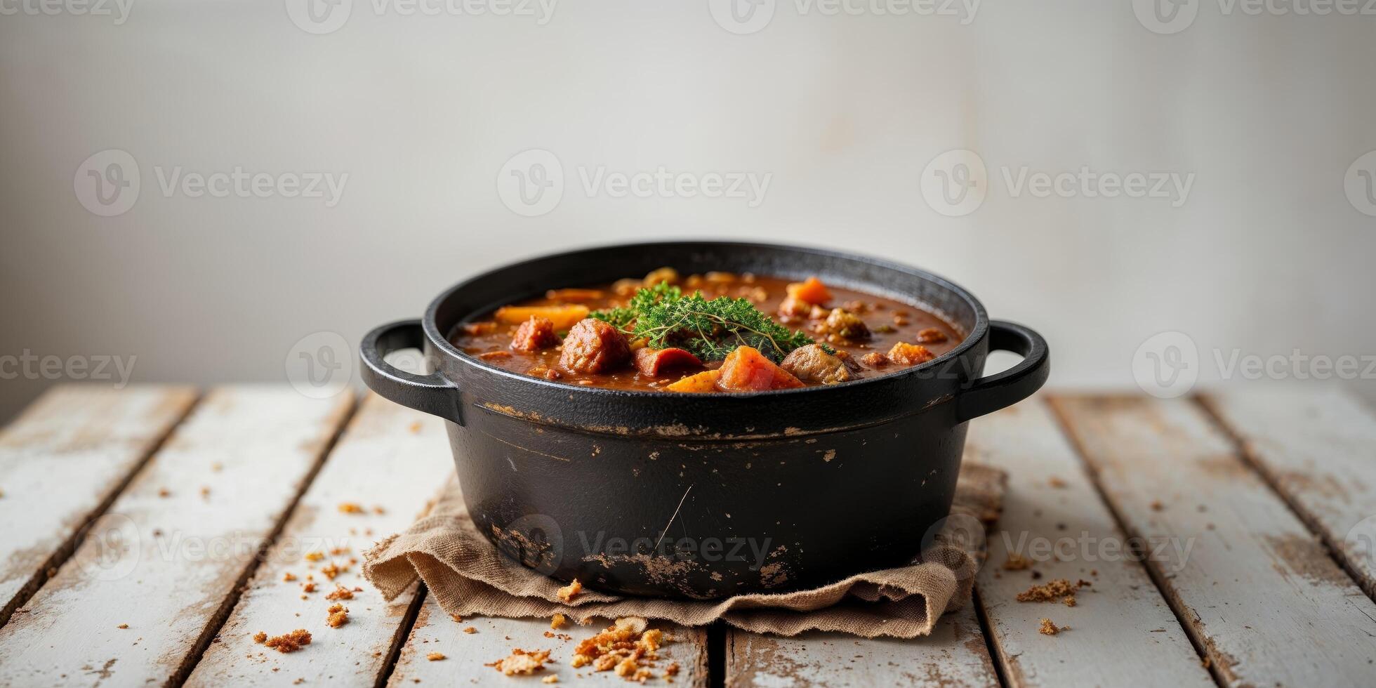 A pot of stew with vegetables and meat on a wooden table photo