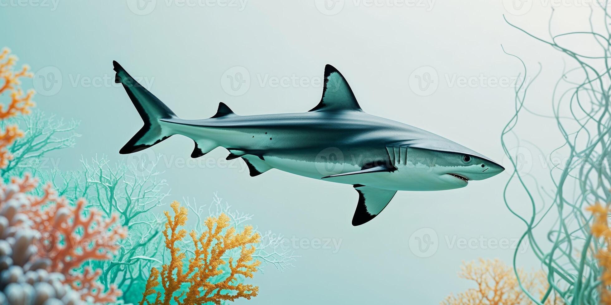 A shark swimming in the ocean surrounded by coral photo
