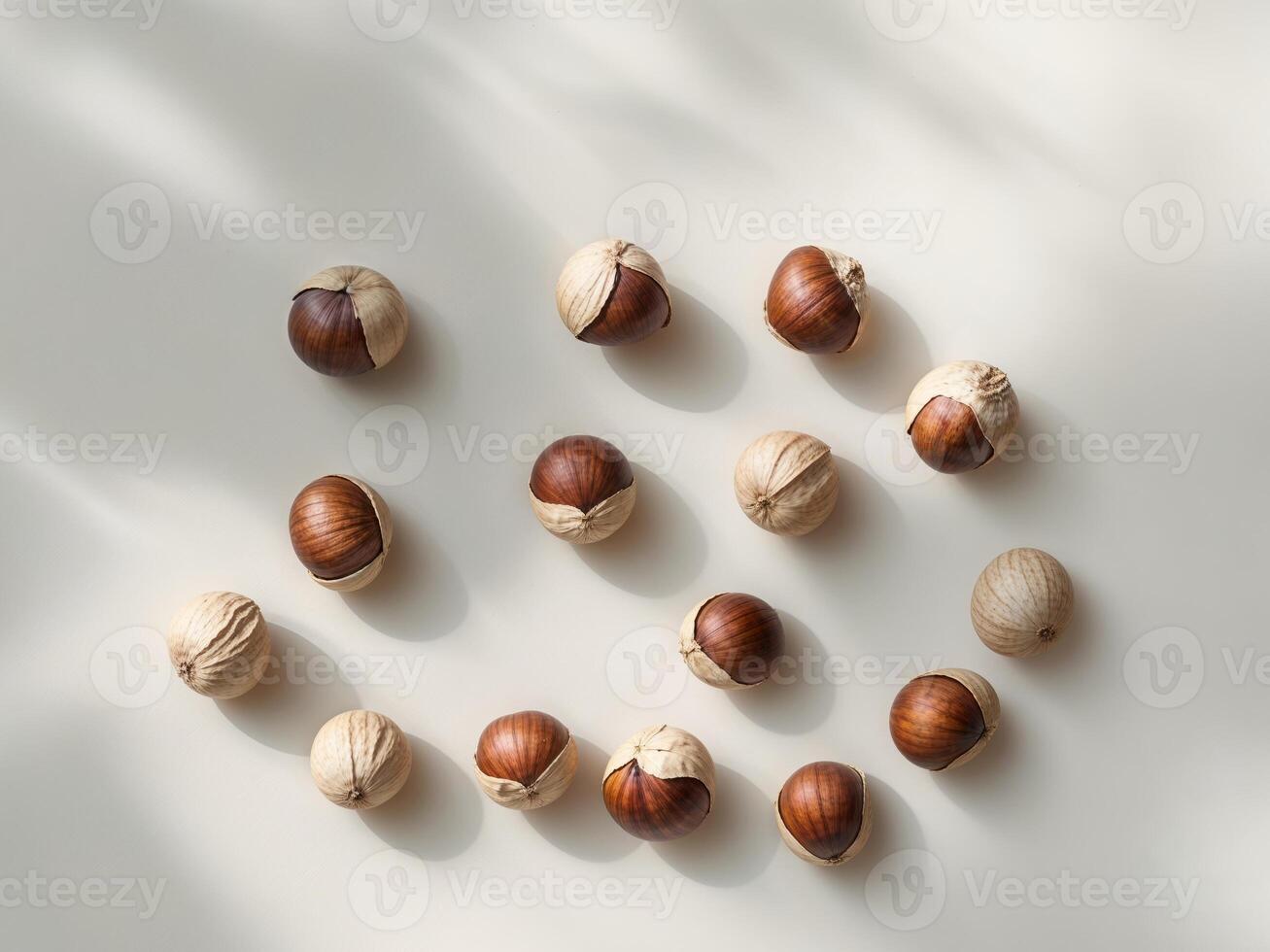 Hazelnuts in shells showcased in various groupings. photo