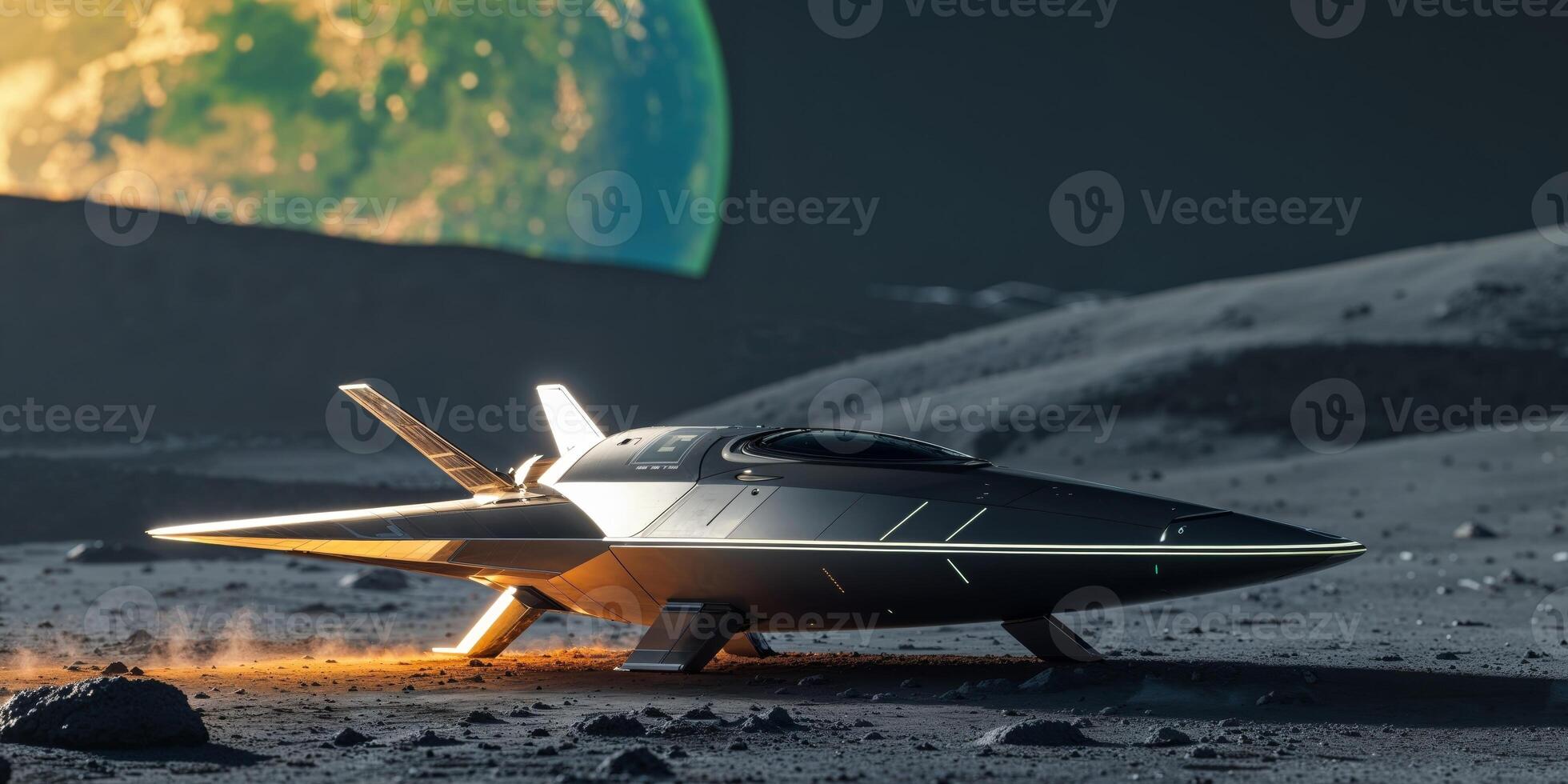 Futuristic spacecraft resting on a lunar surface with Earth visible in the background photo
