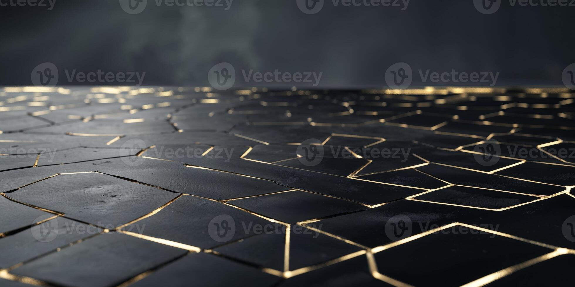 Luxury hexagonal abstract black metal background with golden light lines photo