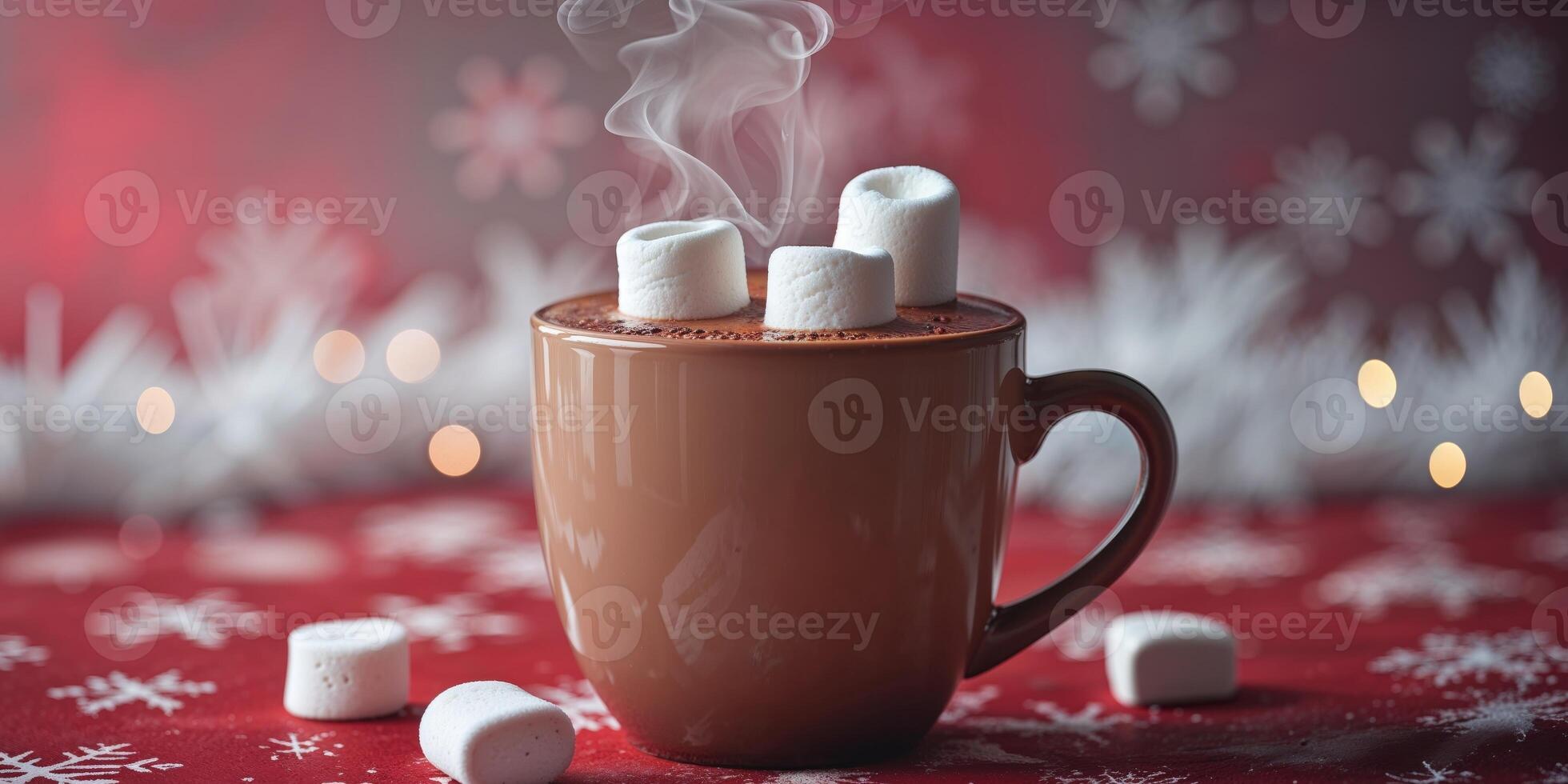 Hot chocolate with marshmallows on a red background photo