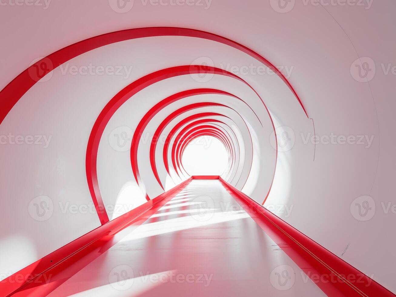 A long red and white tunnel with a bright light photo