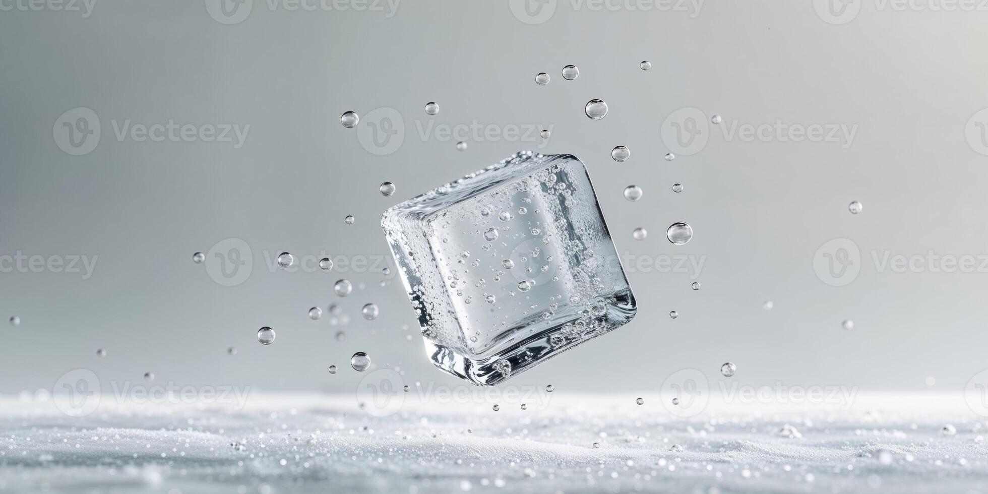 Clear Ice Cube with Bubbles on Light Background for Refreshing Drinks photo