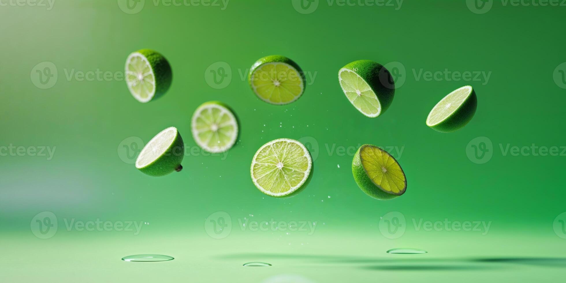 Juicy Lime Slices Falling Refreshing Green Citrus Burst photo