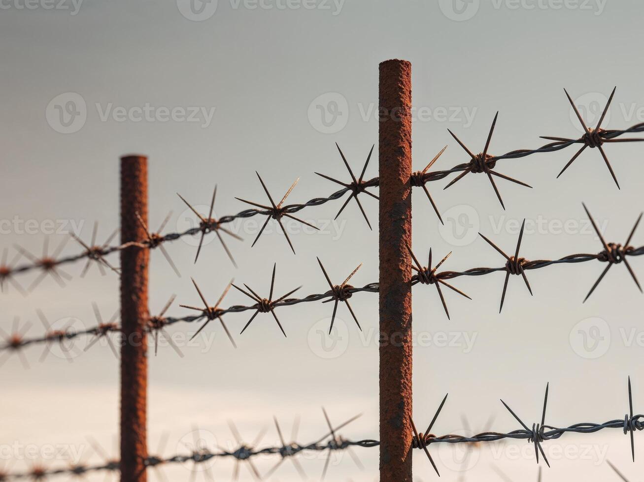 Rusty barbed wire fence with many sharp points. photo