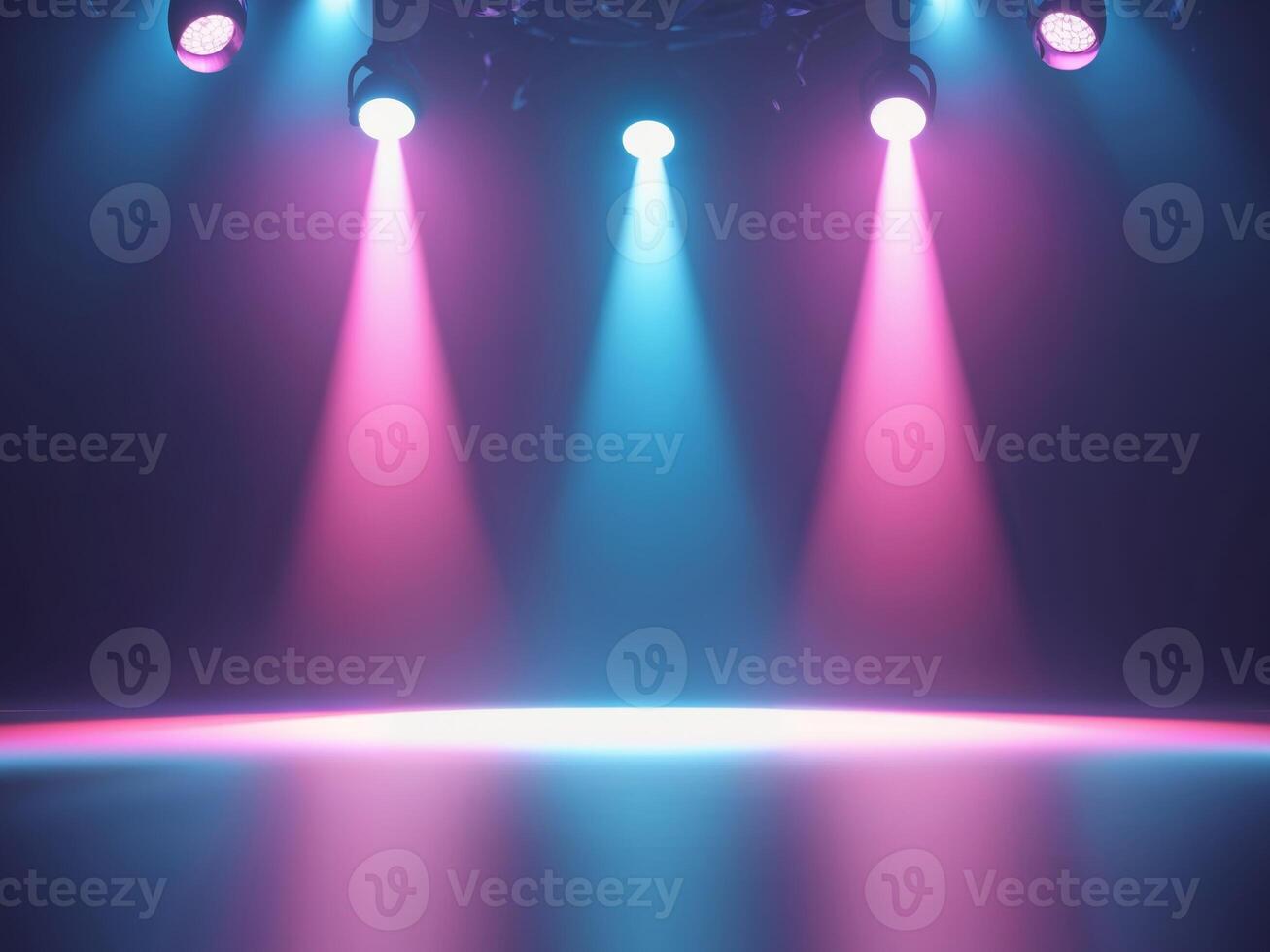 Stage spotlights lighting up empty stage in pink and blue photo