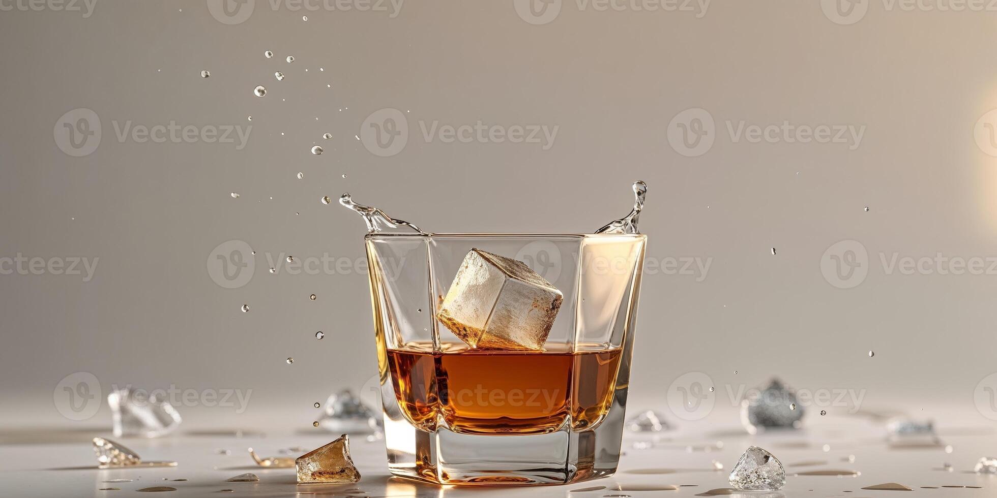 Hexagonal Glass Of Whiskey With Ice And Splashes From An Abandoned And Falling Ice Cube. photo