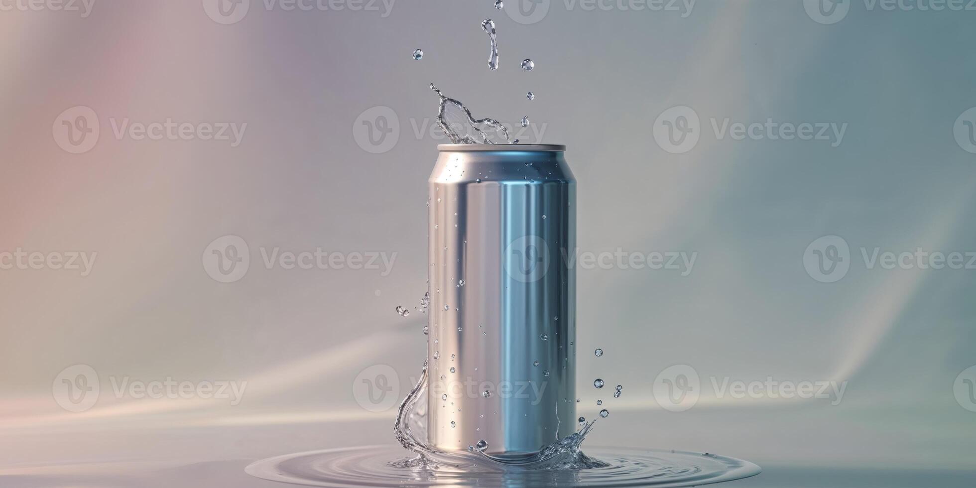 Drink can with splash of liquid on pastel background photo