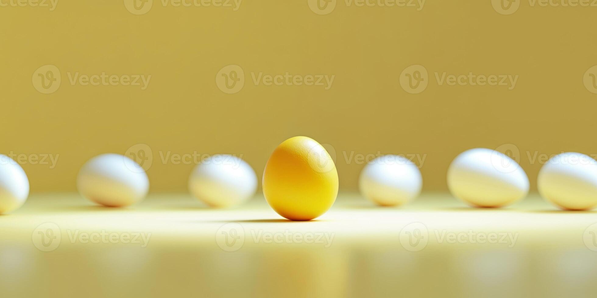 A yellow egg is standing out from the rest of the white eggs photo