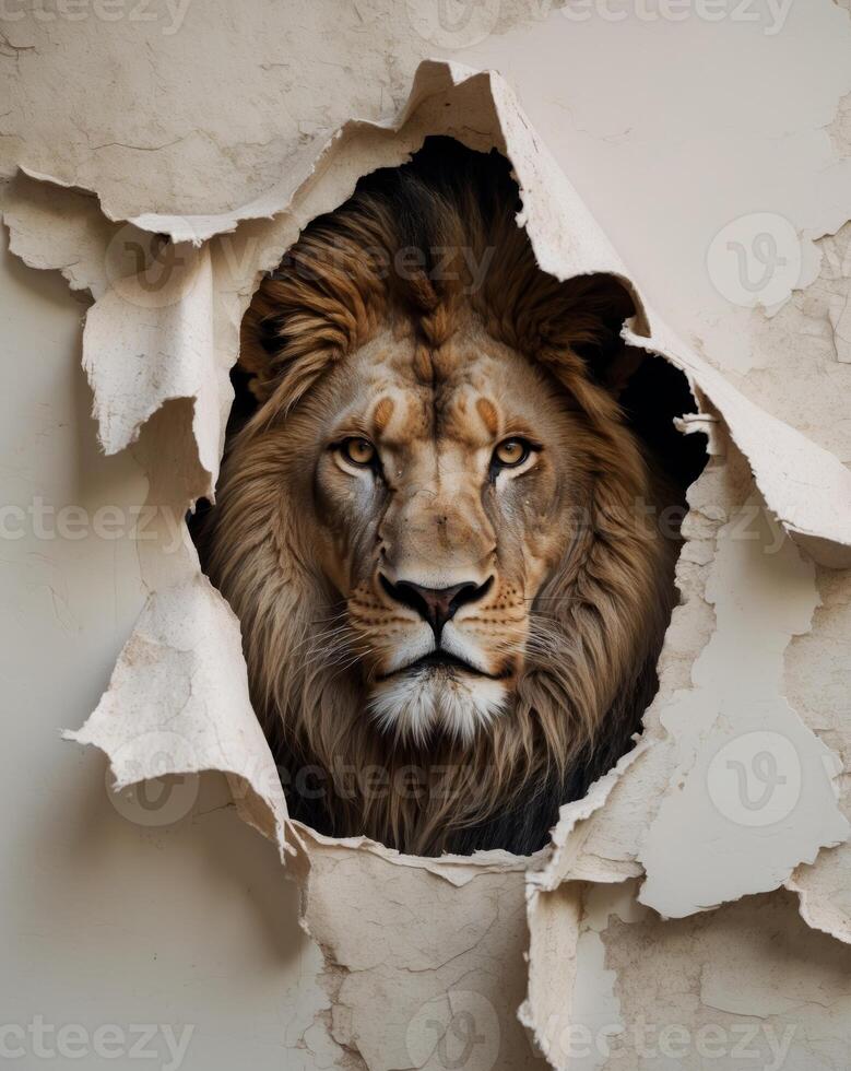A lion is peeking through a hole in a wall photo