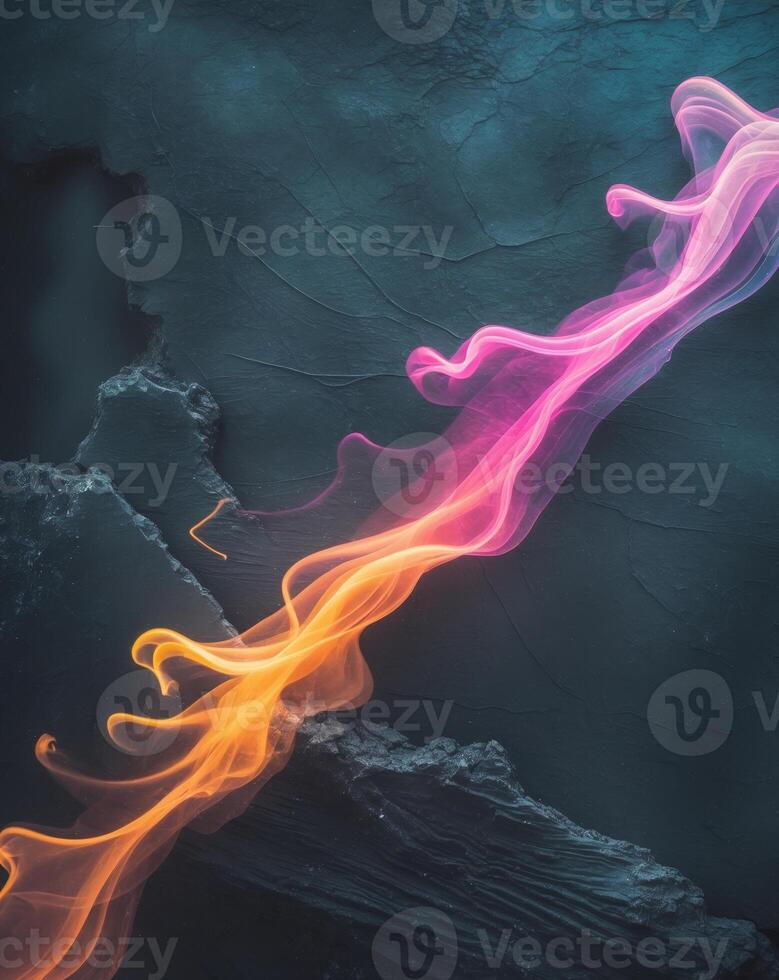 A colorful smoke trail is shown in the dark photo