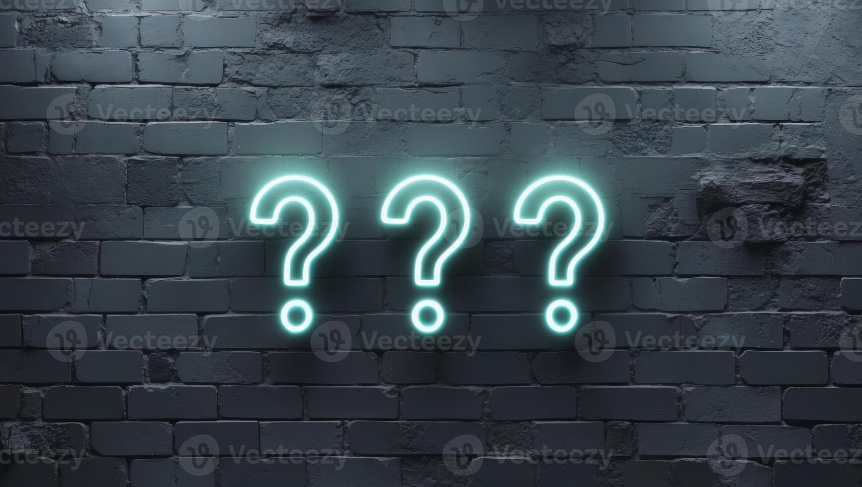 Three neon question marks glowing on a brick wall. photo