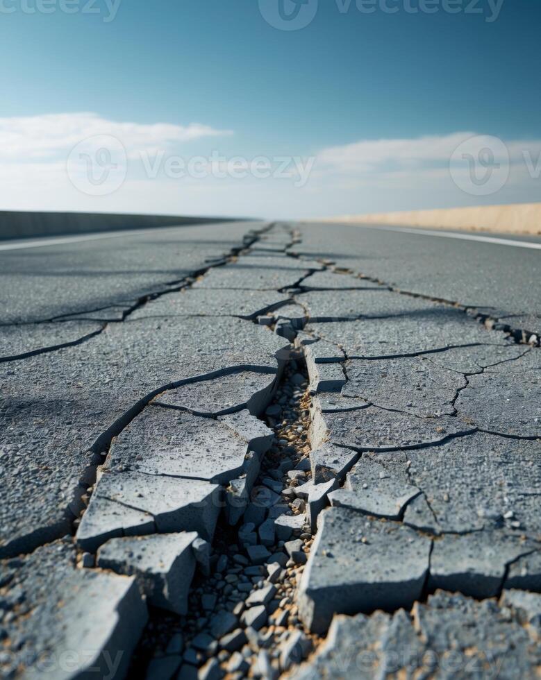 Damaged asphalt road divided by a deep crack photo