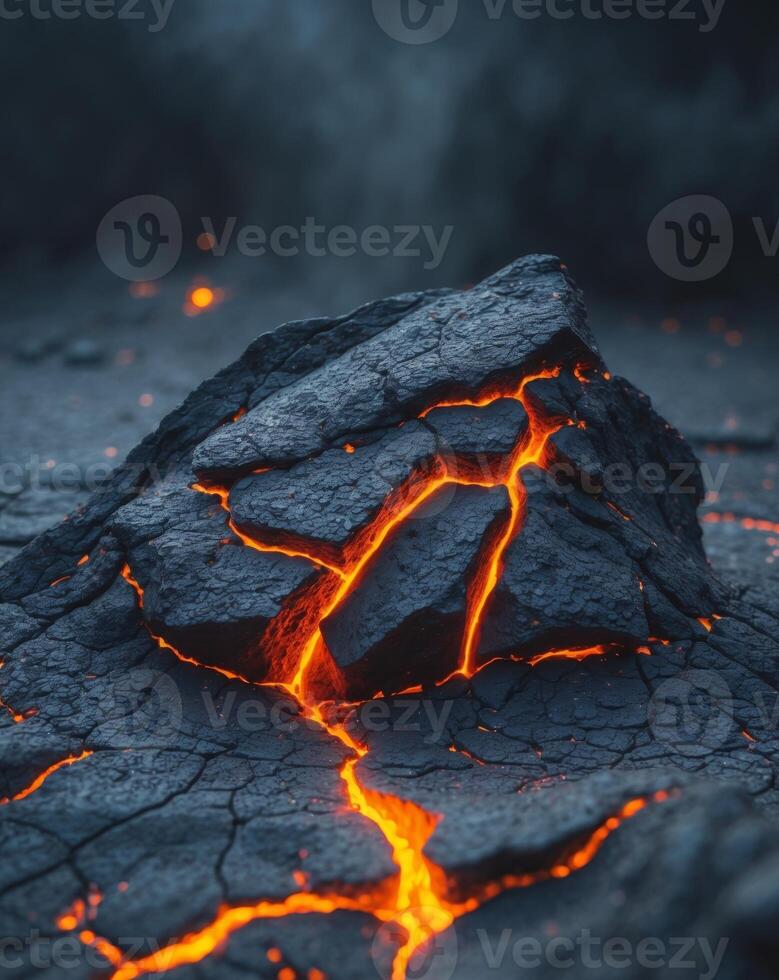 Natural volcanic rock formation with glowing lava cracks in a dark environment photo