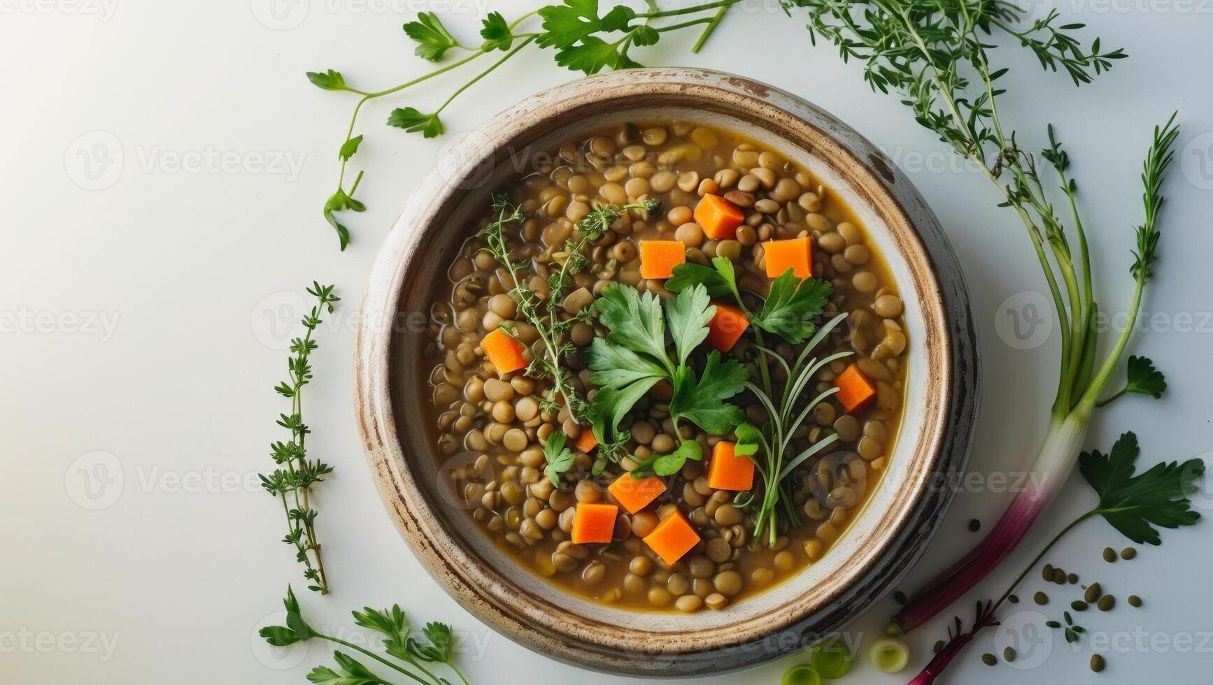 Hearty Lentil Soup with Fresh Herbs and Vegetables in a Rustic Bowl photo