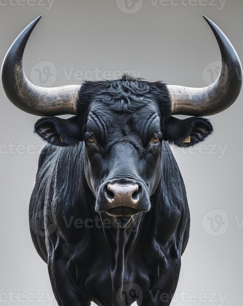 Majestic black bull with large horns is staring intensely photo