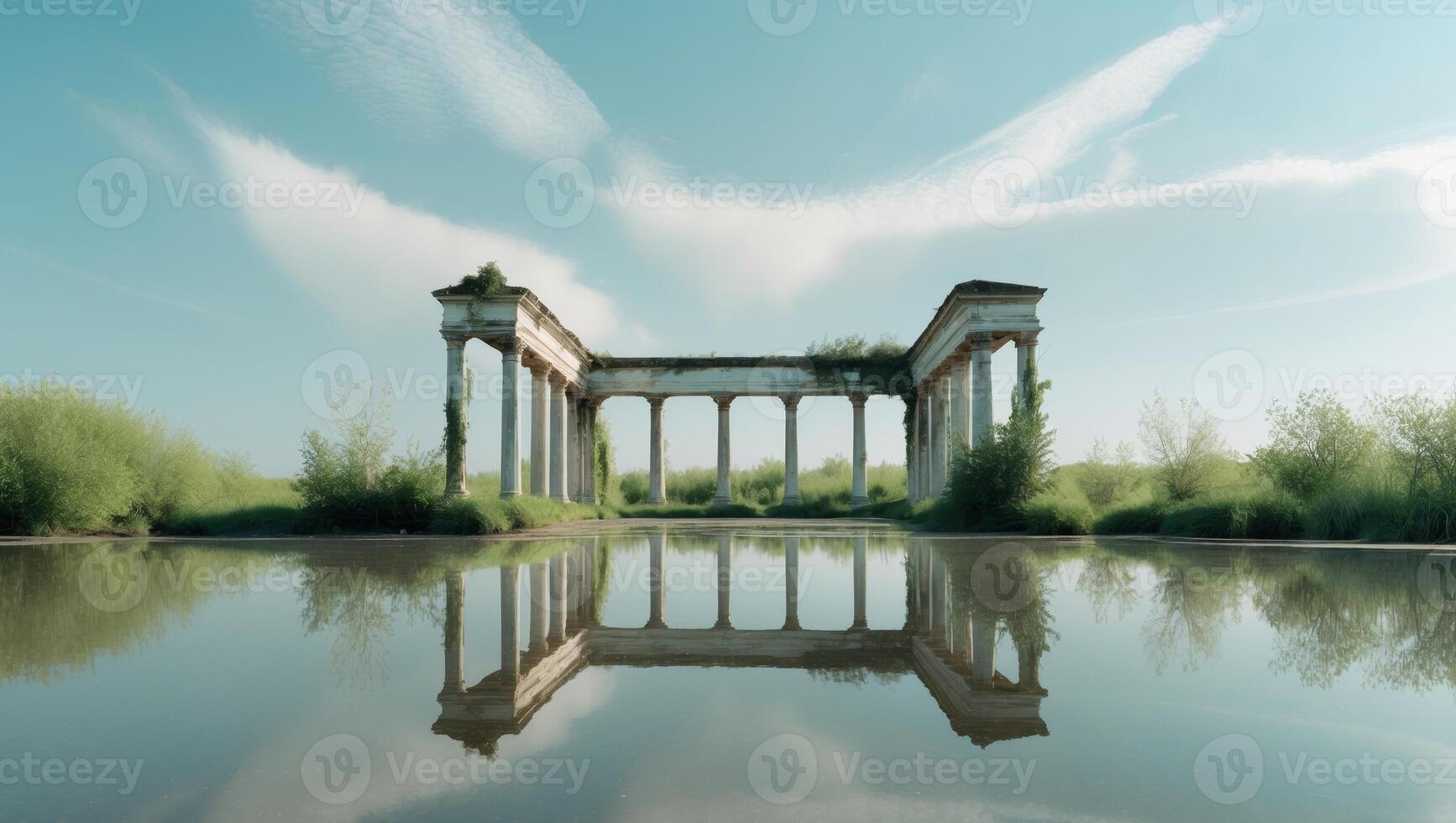 Serenity of nature reflected in calm water at an abandoned structure during the day. photo