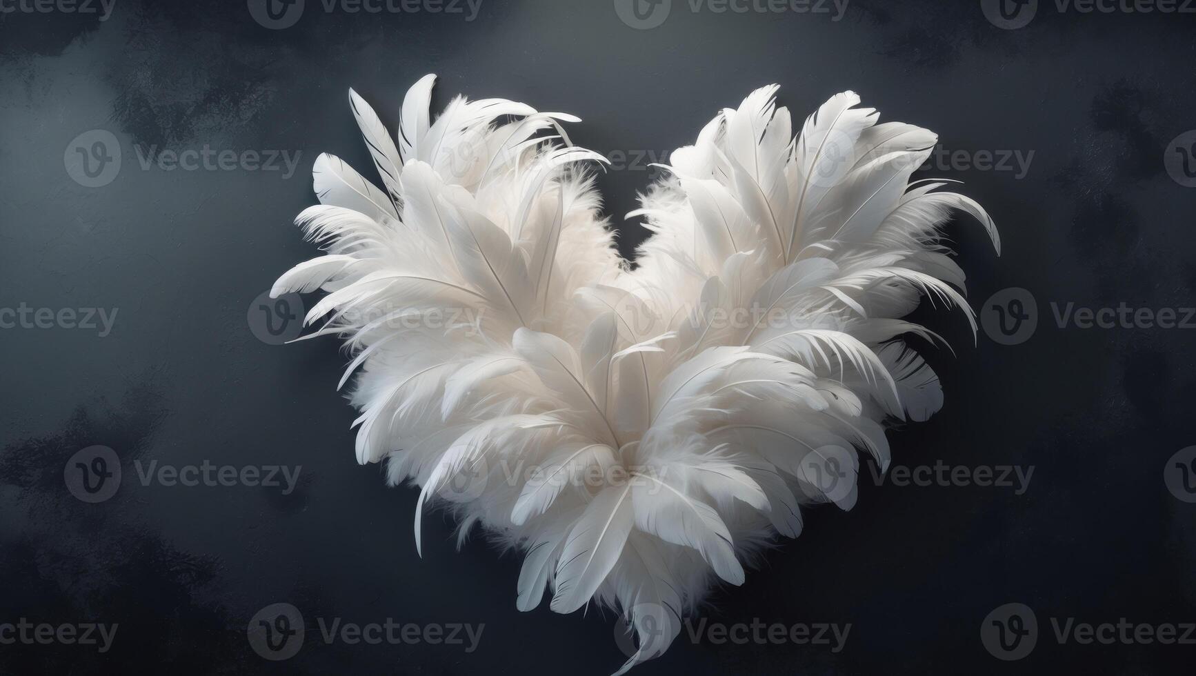 Heart shape made of fluffy white feathers on a dark background photo
