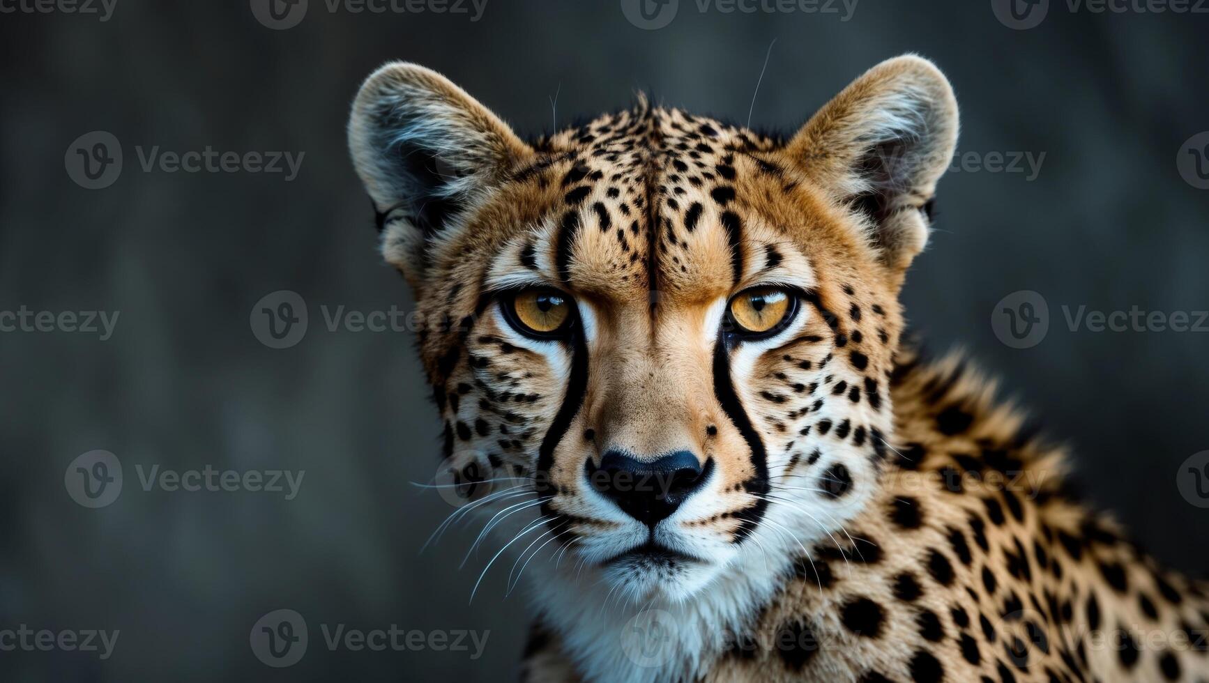 Cheetah with beautiful markings staring intensely with dark background. photo