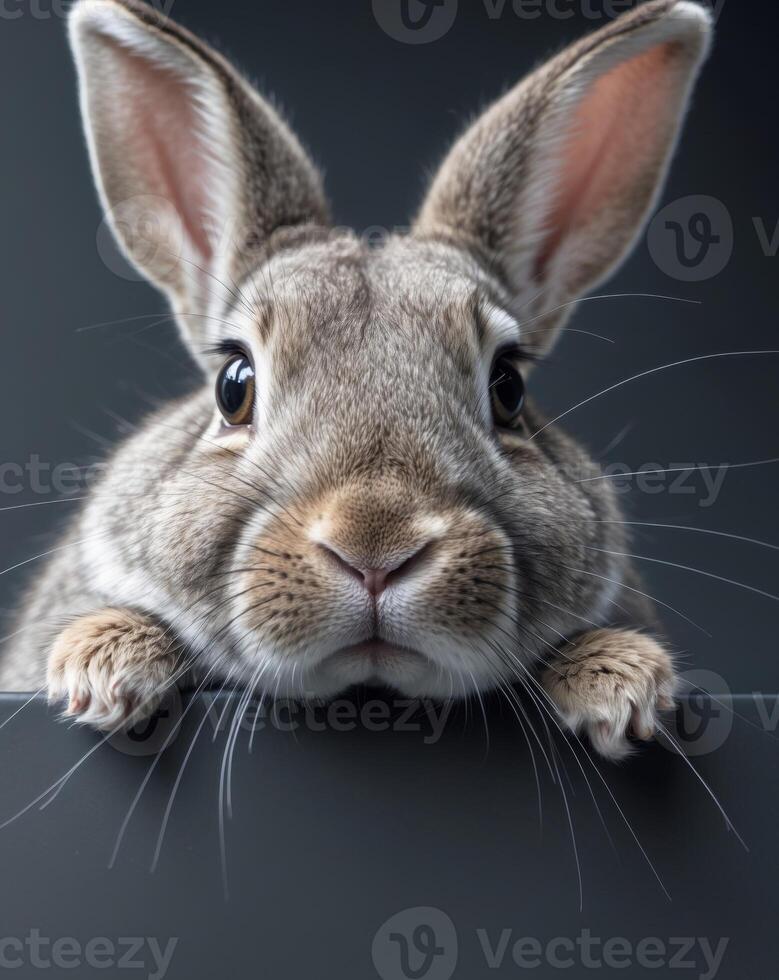A close up of a rabbit peeking over a black surface. photo